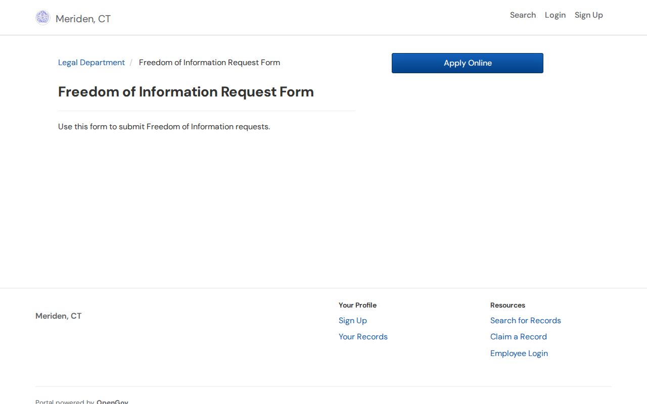 Official OpenGov shell for Meriden warrant records requests