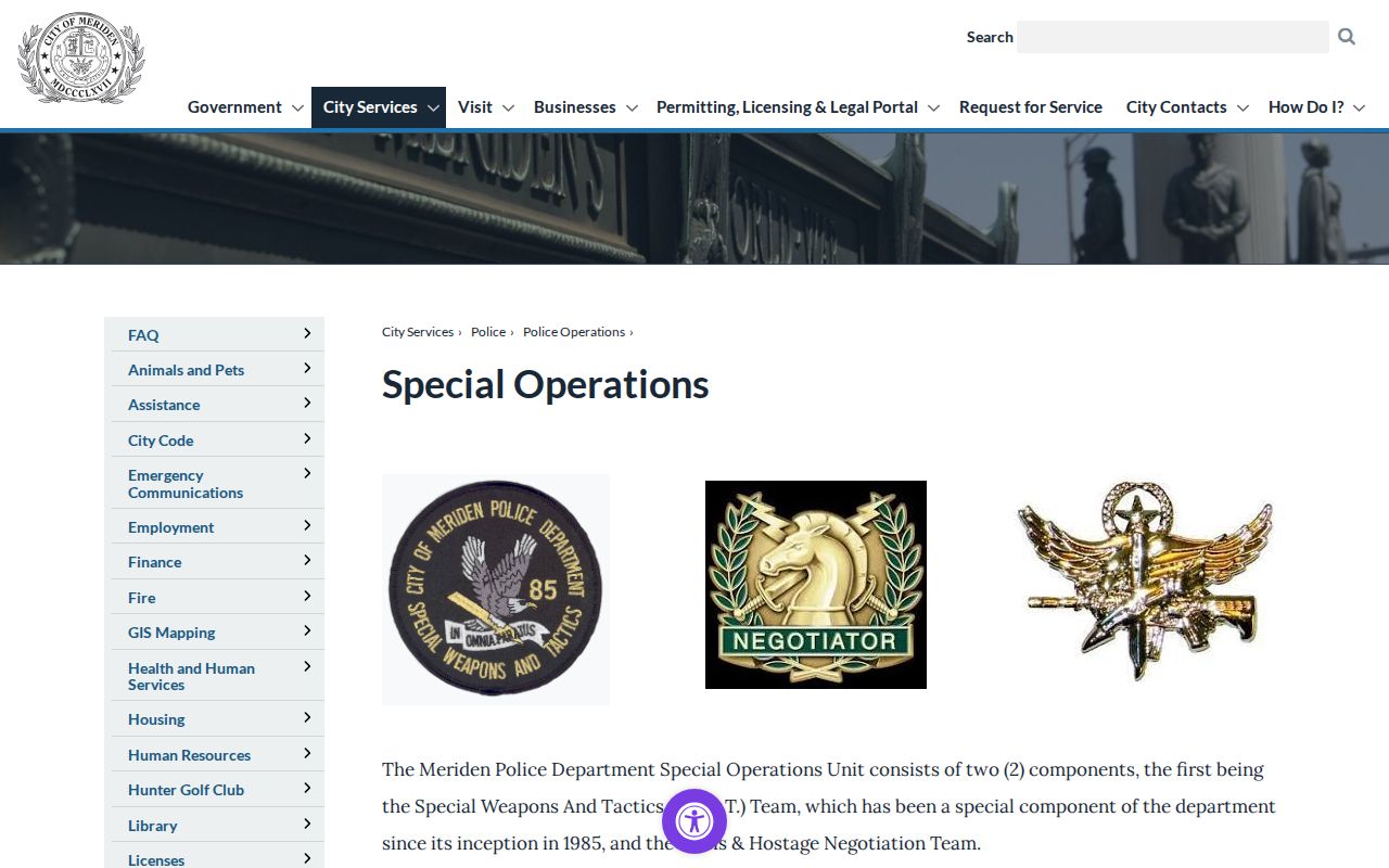 Meriden Police Special Operations page describing high-risk warrant service