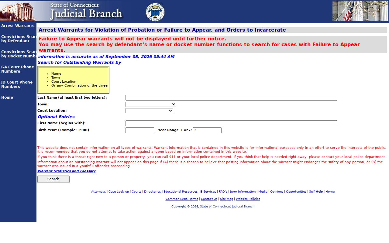 Blank Connecticut Judicial Branch warrant search interface